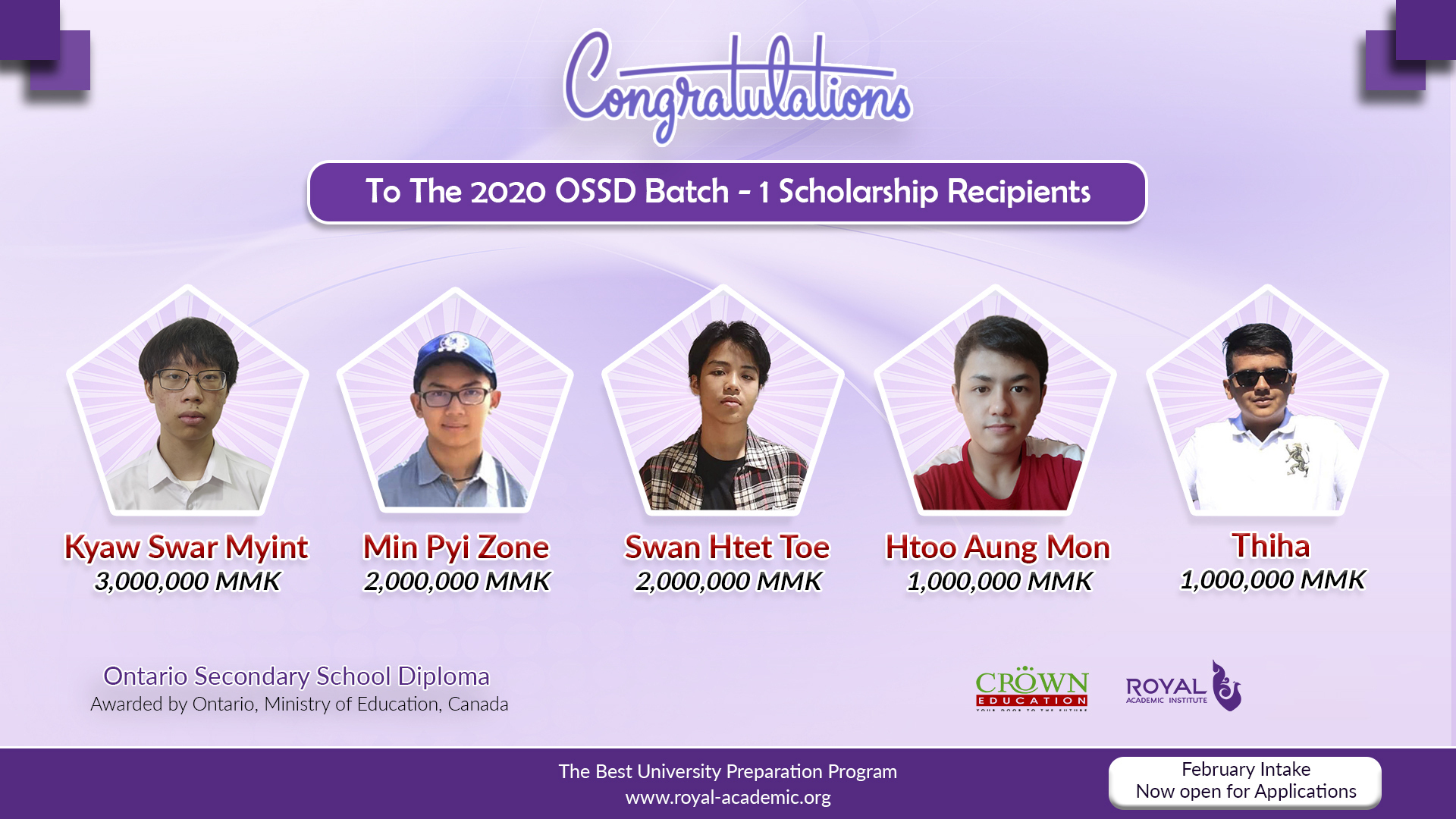 ❝ကနေဒါ အစိုးရအသိအမှတ်ပြု ONTARIO SECONDARY SCHOOL DIPLOMA – 1ST BATCH တက်ရောက်သည့် ကျောင်းသားများအတွက် မြန်မာငွေကျပ်သိန်း(၉ဝ)နှင့် ညီမျှသည့် ပညာသင်ဆုများကို CROWN EDUCATIONမှ ပေးအပ်ခြင်း❞