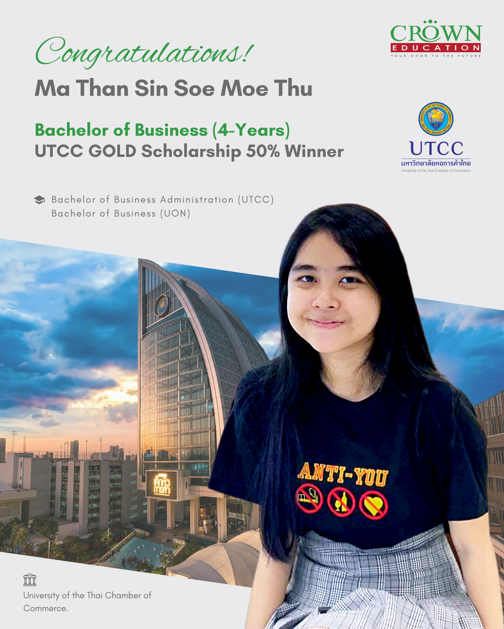 ❝ထိုင်းနိုင်ငံရှိ UNIVERSITY OF THE THAI CHAMBER OF COMMERCE တွင် UTCC GOLD SCHOLARSHIP 50% ဖြင့် တက္ကသိုလ် (၄)နှစ်စာ သင်ကြားခွင့်ရရှိသည့် မသံစဉ်စိုးမိုးသူ❞