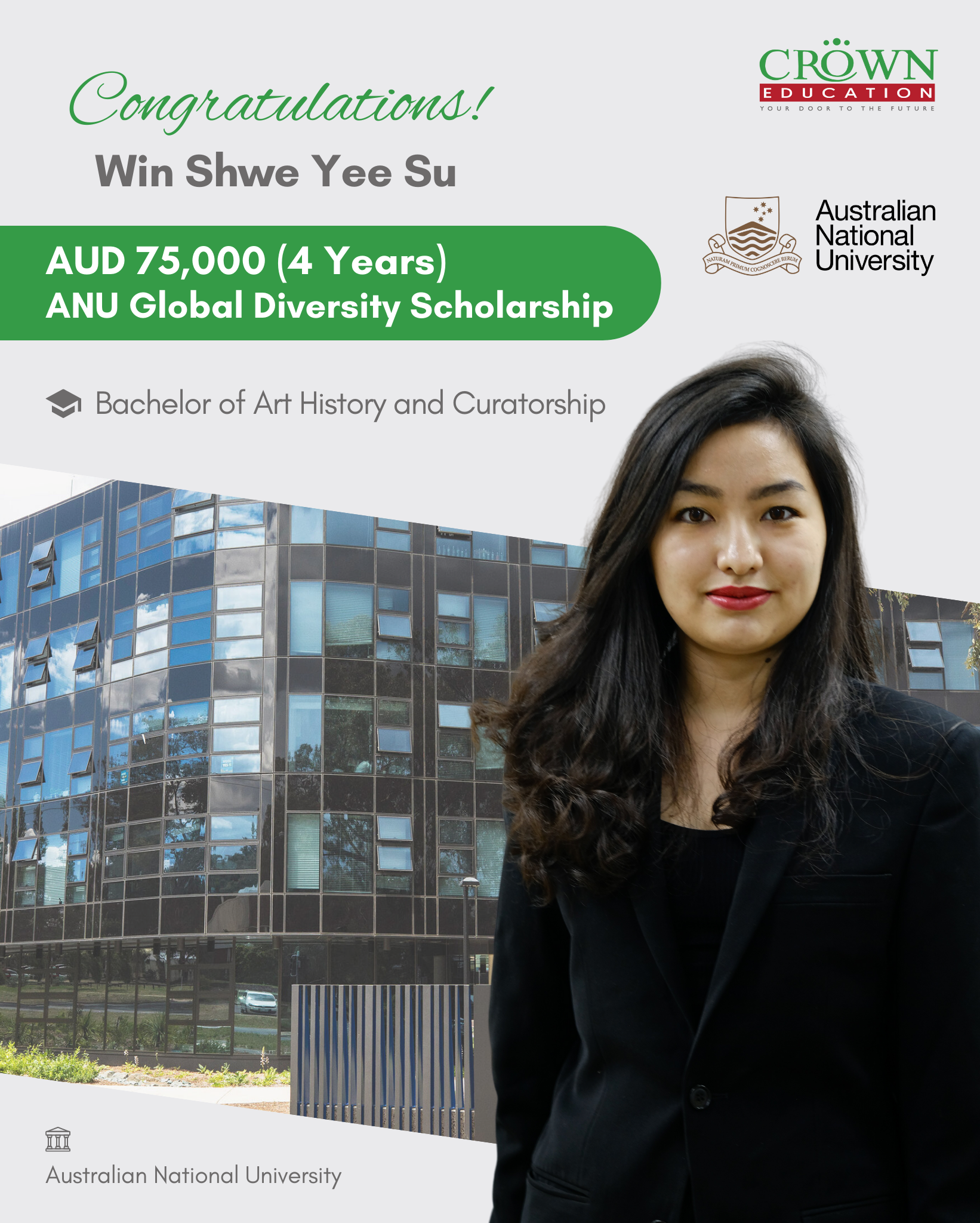 ❝GROUP OF EIGHT စာရင်းဝင် AUSTRALIAN NATIONAL UNIVERSITYတွင် တက္ကသိုလ် (၄)နှစ်စာအတွက် ANU GLOBAL DIVERSITY SCHOLARSHIP ချီးမြှင့်ခြင်းခံရသည့် မဝင်းရွှေရည်စု❞