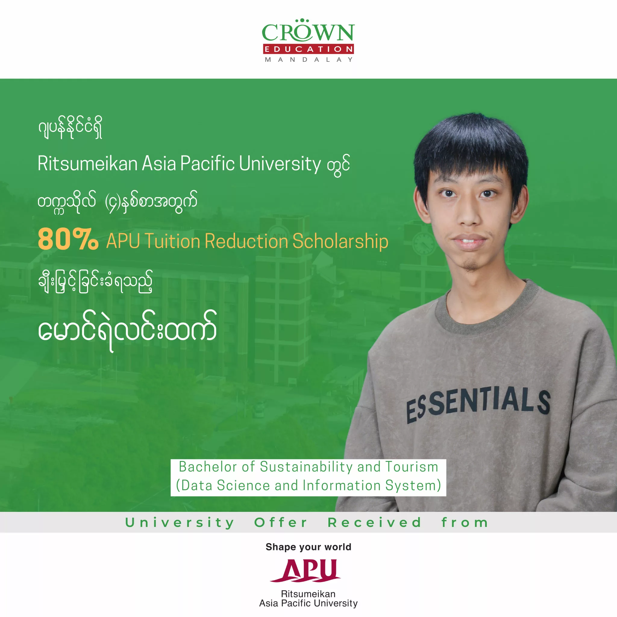 ဂျပန်နိုင်ငံရှိ Ritsumeikan Asia Pacific University တွင် တက္ကသိုလ် (၄) နှစ်စာအတွက်80% APU Tuition Reduction Scholarship ချီးမြှင့်ခြင်းခံရသည့် မောင်ရဲလင်းထက်